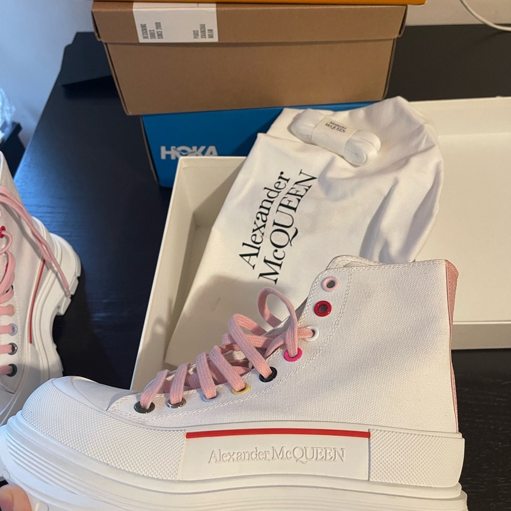 Alexander McQueen White and Pink High-Top Sneakers